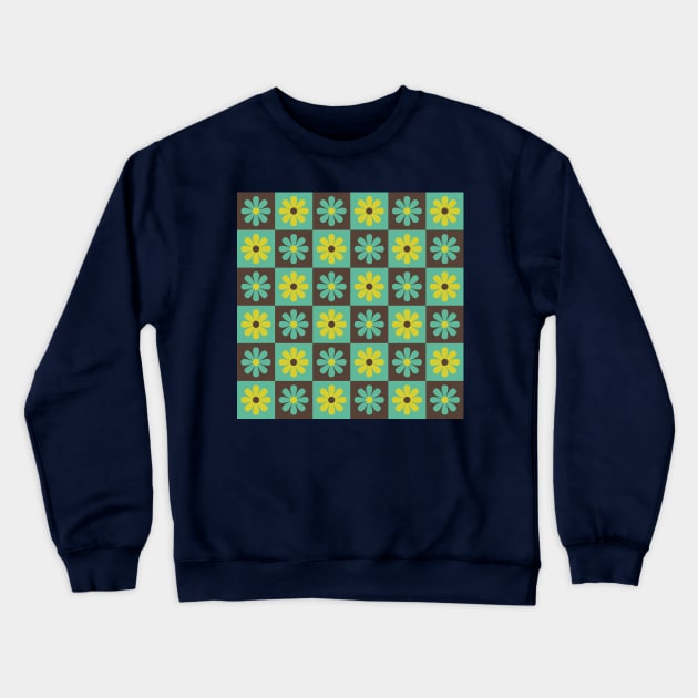 Teal Mod Flower Checkers Crewneck Sweatshirt by Carolina Díaz